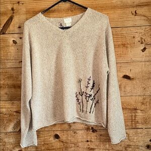 ALPS Sweater Beige Knit Roll Neck Flower Embroidery Silk Blend